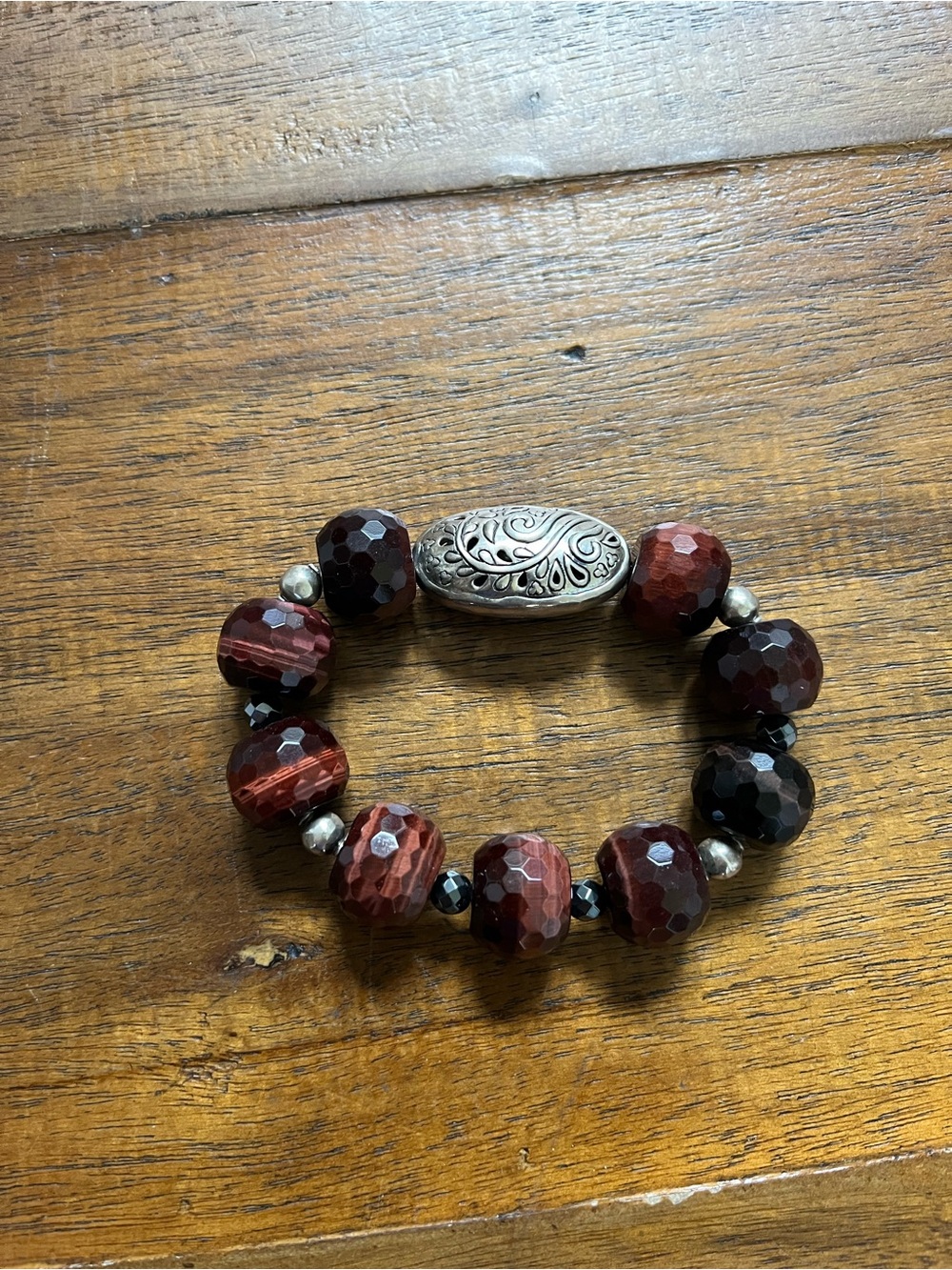 Silpada Faceted Deep Red and Black Beaded Stretch Bracelet with Silver Accent